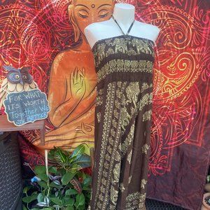 Thai Harem Pant Jumpsuit Mandala Necklace Set Green Boho Halter Romper L XL